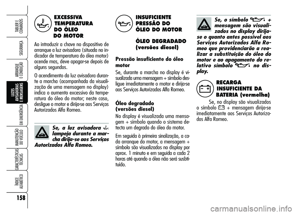 Alfa Romeo Brera/Spider 2007 Manual de Uso e Manutenção (in Portuguese) 158
SEGURANÇA
LUZES
AVISADORAS
E MENSAGENS
EM EMERGÊNCIA
MANUTENÇÃO
DO VEÍCULO
CARACTERÍSTICAS
TÉCNICAS
ÍNDICE
ALFABÉTICO
TABLIER E
COMANDOS
ARRANQUE
E CONDUÇÃO
EXCESSIVA
TEMPERATURA Alfa Romeo Brera/Spider 2007 Manual de Uso e Manutenção (in Portuguese) 158
SEGURANÇA
LUZES
AVISADORAS
E MENSAGENS
EM EMERGÊNCIA
MANUTENÇÃO
DO VEÍCULO
CARACTERÍSTICAS
TÉCNICAS
ÍNDICE
ALFABÉTICO
TABLIER E
COMANDOS
ARRANQUE
E CONDUÇÃO
EXCESSIVA
TEMPERATURA