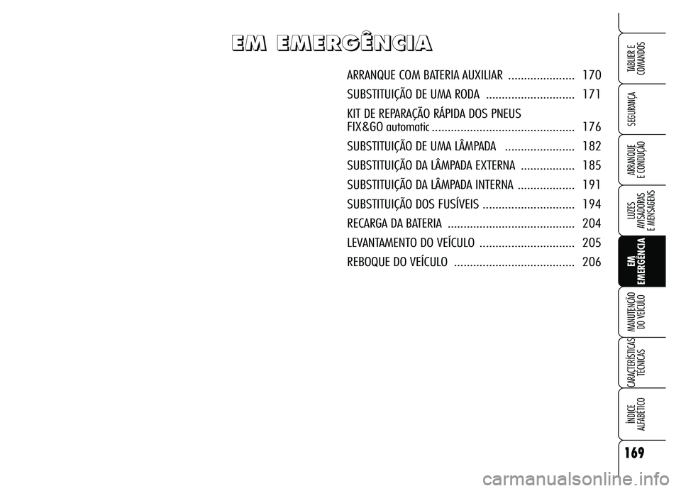 Alfa Romeo Brera/Spider 2007 Manual de Uso e Manutenção (in Portuguese) 169
SEGURANÇA
LUZES
AVISADORAS
E MENSAGENS
EM
EMERGÊNCIA MANUTENÇÃO
DO VEÍCULO
CARACTERÍSTICAS
TÉCNICAS
ÍNDICE
ALFABÉTICO
TABLIER E
COMANDOS
ARRANQUE
E CONDUÇÃO
E E E E
M M M M
Alfa Romeo Brera/Spider 2007 Manual de Uso e Manutenção (in Portuguese) 169
SEGURANÇA
LUZES
AVISADORAS
E MENSAGENS
EM
EMERGÊNCIA MANUTENÇÃO
DO VEÍCULO
CARACTERÍSTICAS
TÉCNICAS
ÍNDICE
ALFABÉTICO
TABLIER E
COMANDOS
ARRANQUE
E CONDUÇÃO
E E E E
M M M M
