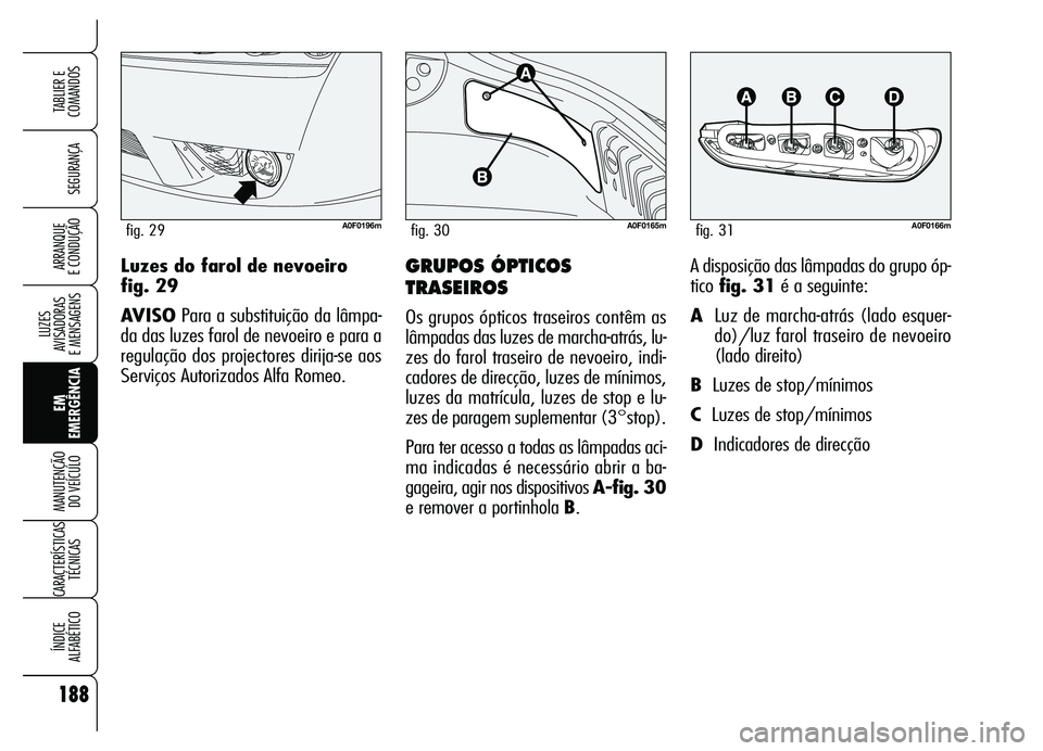 Alfa Romeo Brera/Spider 2007 Manual de Uso e Manutenção (in Portuguese) 188
SEGURANÇA
LUZES
AVISADORAS
E MENSAGENS
EM
EMERGÊNCIA MANUTENÇÃO
DO VEÍCULO
CARACTERÍSTICAS
TÉCNICAS
ÍNDICE
ALFABÉTICO
TABLIER E
COMANDOS
ARRANQUE
E CONDUÇÃOGRUPOS ÓPTICOS
TRASEIRO Alfa Romeo Brera/Spider 2007 Manual de Uso e Manutenção (in Portuguese) 188
SEGURANÇA
LUZES
AVISADORAS
E MENSAGENS
EM
EMERGÊNCIA MANUTENÇÃO
DO VEÍCULO
CARACTERÍSTICAS
TÉCNICAS
ÍNDICE
ALFABÉTICO
TABLIER E
COMANDOS
ARRANQUE
E CONDUÇÃOGRUPOS ÓPTICOS
TRASEIRO