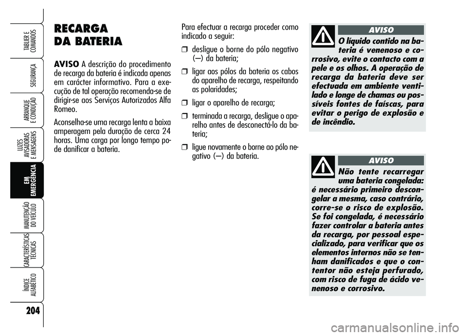 Alfa Romeo Brera/Spider 2007 Manual de Uso e Manutenção (in Portuguese) 204
SEGURANÇA
LUZES
AVISADORAS
E MENSAGENS
EM
EMERGÊNCIA MANUTENÇÃO
DO VEÍCULO
CARACTERÍSTICAS
TÉCNICAS
ÍNDICE
ALFABÉTICO
TABLIER E
COMANDOS
ARRANQUE
E CONDUÇÃO
RECARGA
DA BATERIA
AVI Alfa Romeo Brera/Spider 2007 Manual de Uso e Manutenção (in Portuguese) 204
SEGURANÇA
LUZES
AVISADORAS
E MENSAGENS
EM
EMERGÊNCIA MANUTENÇÃO
DO VEÍCULO
CARACTERÍSTICAS
TÉCNICAS
ÍNDICE
ALFABÉTICO
TABLIER E
COMANDOS
ARRANQUE
E CONDUÇÃO
RECARGA
DA BATERIA
AVI