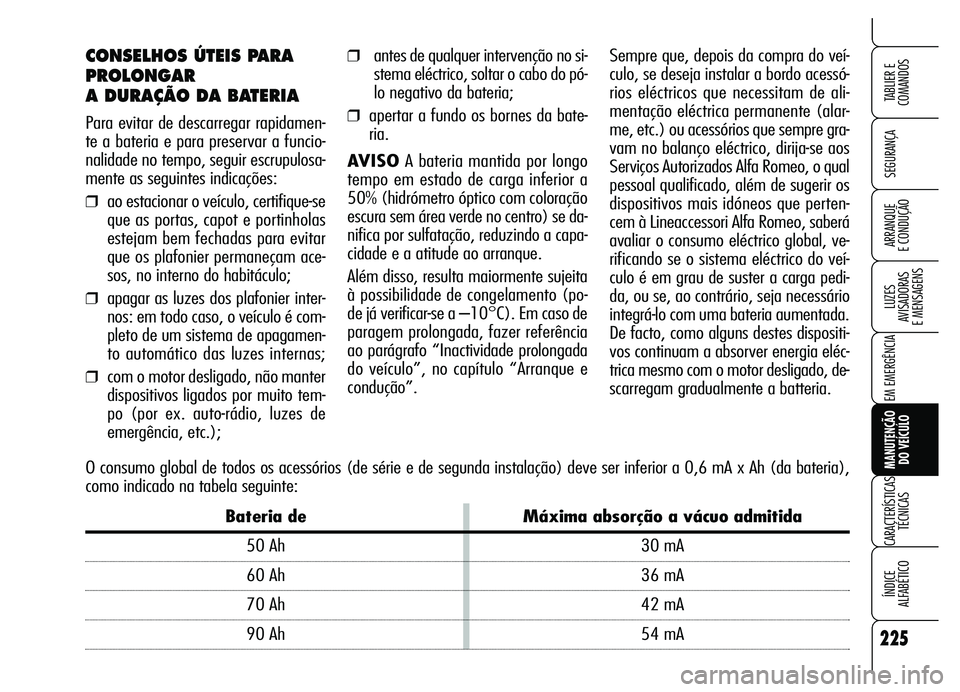Alfa Romeo Brera/Spider 2007 Manual de Uso e Manutenção (in Portuguese) 225
SEGURANÇA
LUZES
AVISADORAS
E MENSAGENS
EM EMERGÊNCIA
MANUTENÇÃO
DO VEÍCULO
CARACTERÍSTICAS
TÉCNICAS
ÍNDICE
ALFABÉTICO
TABLIER E
COMANDOS
ARRANQUE
E CONDUÇÃO
CONSELHOS ÚTEIS PARA Alfa Romeo Brera/Spider 2007 Manual de Uso e Manutenção (in Portuguese) 225
SEGURANÇA
LUZES
AVISADORAS
E MENSAGENS
EM EMERGÊNCIA
MANUTENÇÃO
DO VEÍCULO
CARACTERÍSTICAS
TÉCNICAS
ÍNDICE
ALFABÉTICO
TABLIER E
COMANDOS
ARRANQUE
E CONDUÇÃO
CONSELHOS ÚTEIS PARA