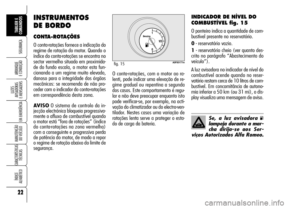 Alfa Romeo Brera/Spider 2007  Manual de Uso e Manutenção (in Portuguese) 22
SEGURANÇA
LUZES 
AVISADORAS 
E MENSAGENS
EM EMERGÊNCIA
MANUTENÇÃO 
DO VEÍCULO
CARACTERÍSTICAS
TÉCNICAS
ÍNDICE 
ALFABÉTICO
TABLIER E
COMANDOS
ARRANQUE 
E CONDUÇÃO
INDICADOR DE NÍVEL DO
C