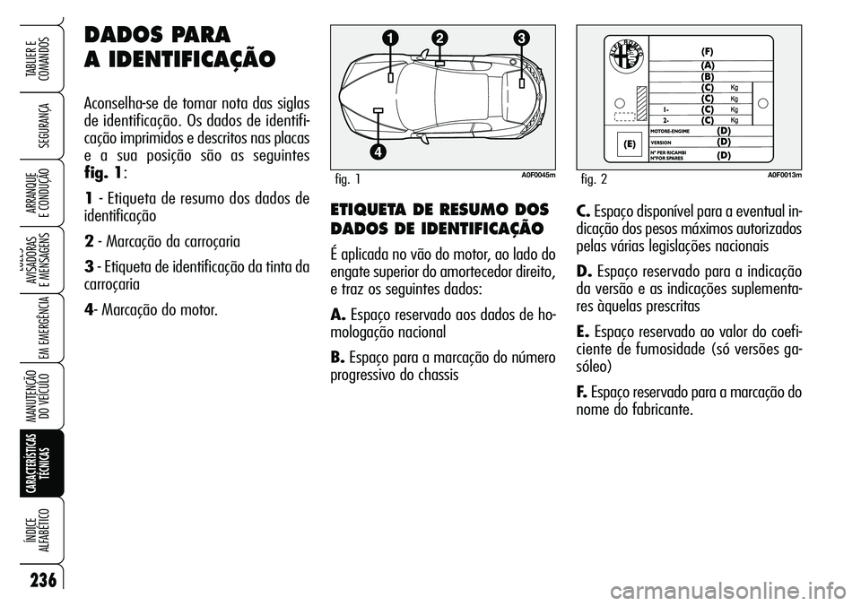 Alfa Romeo Brera/Spider 2007 Manual de Uso e Manutenção (in Portuguese) 236
SEGURANÇA
LUZES
AVISADORAS
E MENSAGENS
EM EMERGÊNCIA
MANUTENÇÃO
DO VEÍCULO
CARACTERÍSTICAS
TÉCNICAS
ÍNDICE
ALFABÉTICO
TABLIER E
COMANDOS
ARRANQUE
E CONDUÇÃOETIQUETA DE RESUMO DOS Alfa Romeo Brera/Spider 2007 Manual de Uso e Manutenção (in Portuguese) 236
SEGURANÇA
LUZES
AVISADORAS
E MENSAGENS
EM EMERGÊNCIA
MANUTENÇÃO
DO VEÍCULO
CARACTERÍSTICAS
TÉCNICAS
ÍNDICE
ALFABÉTICO
TABLIER E
COMANDOS
ARRANQUE
E CONDUÇÃOETIQUETA DE RESUMO DOS