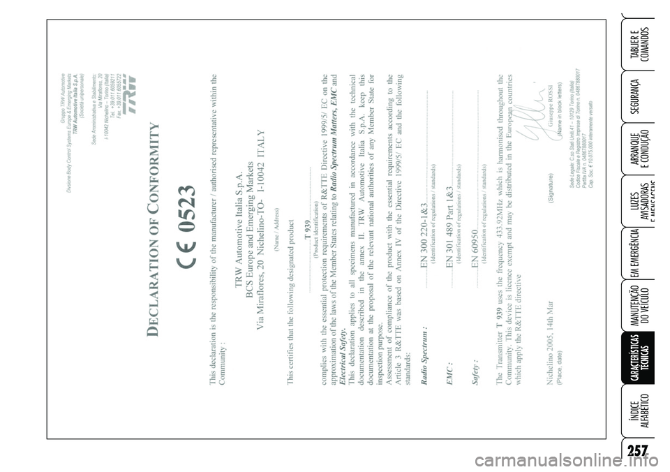 Alfa Romeo Brera/Spider 2007 Manual de Uso e Manutenção (in Portuguese) 257
SEGURANÇA
LUZES
AVISADORAS
E MENSAGENS
EM EMERGÊNCIA
MANUTENÇÃO
DO VEÍCULO
CARACTERÍSTICAS
TÉCNICAS
ÍNDICE
ALFABÉTICO
TABLIER E
COMANDOS
ARRANQUE
E CONDUÇÃO Alfa Romeo Brera/Spider 2007 Manual de Uso e Manutenção (in Portuguese) 257
SEGURANÇA
LUZES
AVISADORAS
E MENSAGENS
EM EMERGÊNCIA
MANUTENÇÃO
DO VEÍCULO
CARACTERÍSTICAS
TÉCNICAS
ÍNDICE
ALFABÉTICO
TABLIER E
COMANDOS
ARRANQUE
E CONDUÇÃO