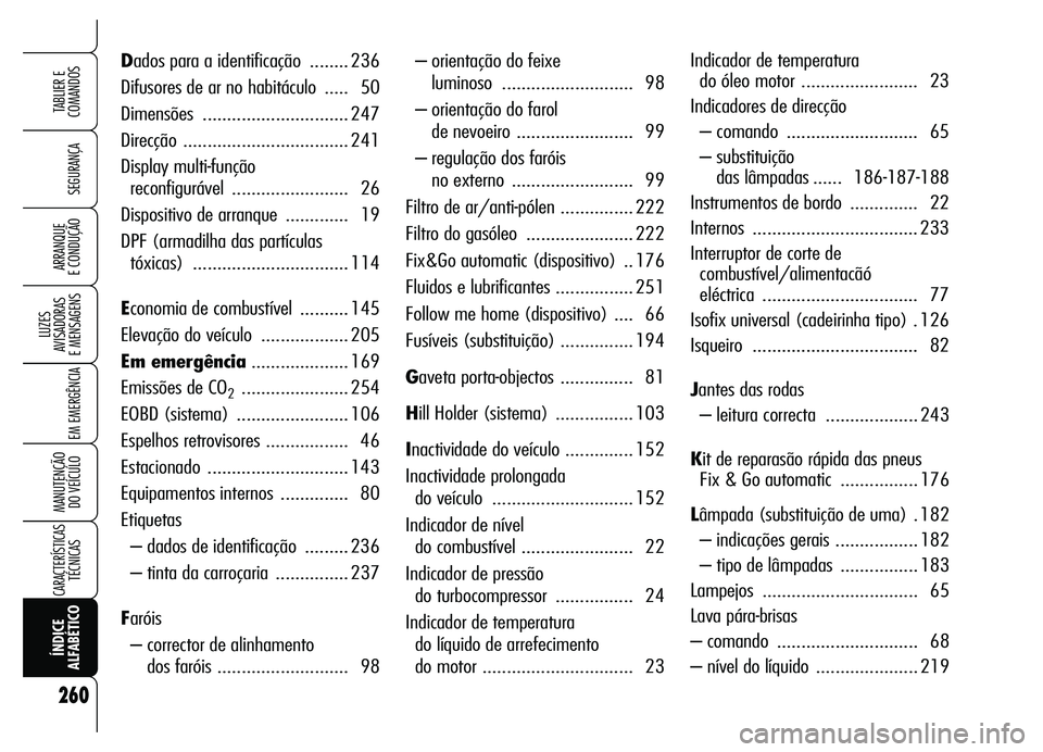 Alfa Romeo Brera/Spider 2007 Manual de Uso e Manutenção (in Portuguese) 260
SEGURANÇA
LUZES
AVISADORAS
E MENSAGENS
EM EMERGÊNCIA
MANUTENÇÃO
DO VEÍCULO
CARACTERÍSTICASTÉCNICAS
ÍNDICE
ALFABÉTICOTABLIER E
COMANDOS
ARRANQUE
E CONDUÇÃO
– orientação d Alfa Romeo Brera/Spider 2007 Manual de Uso e Manutenção (in Portuguese) 260
SEGURANÇA
LUZES
AVISADORAS
E MENSAGENS
EM EMERGÊNCIA
MANUTENÇÃO
DO VEÍCULO
CARACTERÍSTICASTÉCNICAS
ÍNDICE
ALFABÉTICOTABLIER E
COMANDOS
ARRANQUE
E CONDUÇÃO
– orientação d