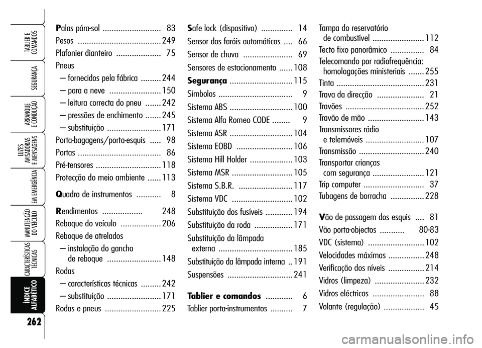 Alfa Romeo Brera/Spider 2007 Manual de Uso e Manutenção (in Portuguese) 262
SEGURANÇA
LUZES
AVISADORAS
E MENSAGENS
EM EMERGÊNCIA
MANUTENÇÃO
DO VEÍCULO
CARACTERÍSTICASTÉCNICAS
ÍNDICE
ALFABÉTICOTABLIER E
COMANDOS
ARRANQUE
E CONDUÇÃO
Safe lock (disposi Alfa Romeo Brera/Spider 2007 Manual de Uso e Manutenção (in Portuguese) 262
SEGURANÇA
LUZES
AVISADORAS
E MENSAGENS
EM EMERGÊNCIA
MANUTENÇÃO
DO VEÍCULO
CARACTERÍSTICASTÉCNICAS
ÍNDICE
ALFABÉTICOTABLIER E
COMANDOS
ARRANQUE
E CONDUÇÃO
Safe lock (disposi