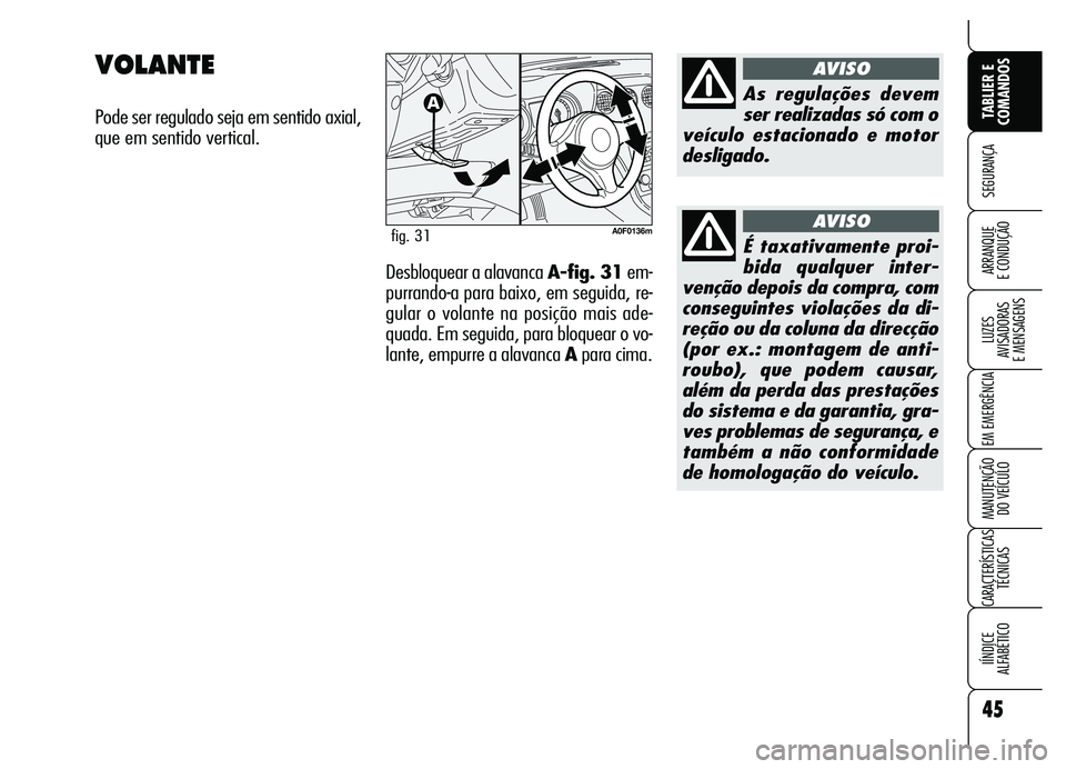 Alfa Romeo Brera/Spider 2007  Manual de Uso e Manutenção (in Portuguese) 45
SEGURANÇA
LUZES 
AVISADORAS 
E MENSAGENS
EM EMERGÊNCIA
MANUTENÇÃO 
DO VEÍCULO
CARACTERÍSTICAS
TÉCNICAS
IÍNDICE 
ALFABÉTICO
TABLIER E
COMANDOS
ARRANQUE 
E CONDUÇÃO
VOLANTE
Pode ser regula