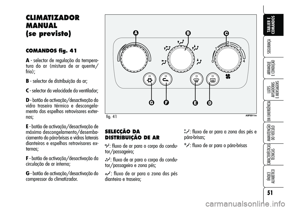 Alfa Romeo Brera/Spider 2007  Manual de Uso e Manutenção (in Portuguese) 51
SEGURANÇA
LUZES 
AVISADORAS 
E MENSAGENS
EM EMERGÊNCIA
MANUTENÇÃO 
DO VEÍCULO
CARACTERÍSTICAS
TÉCNICAS
IÍNDICE 
ALFABÉTICO
TABLIER E
COMANDOS
ARRANQUE 
E CONDUÇÃO
SELECÇÃO DA
DISTRIBUI