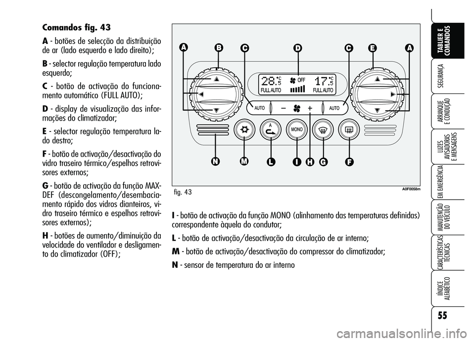 Alfa Romeo Brera/Spider 2007  Manual de Uso e Manutenção (in Portuguese) 55
SEGURANÇA
LUZES 
AVISADORAS 
E MENSAGENS
EM EMERGÊNCIA
MANUTENÇÃO 
DO VEÍCULO
CARACTERÍSTICAS
TÉCNICAS
IÍNDICE 
ALFABÉTICO
TABLIER E
COMANDOS
ARRANQUE 
E CONDUÇÃO
I - botão de activaç