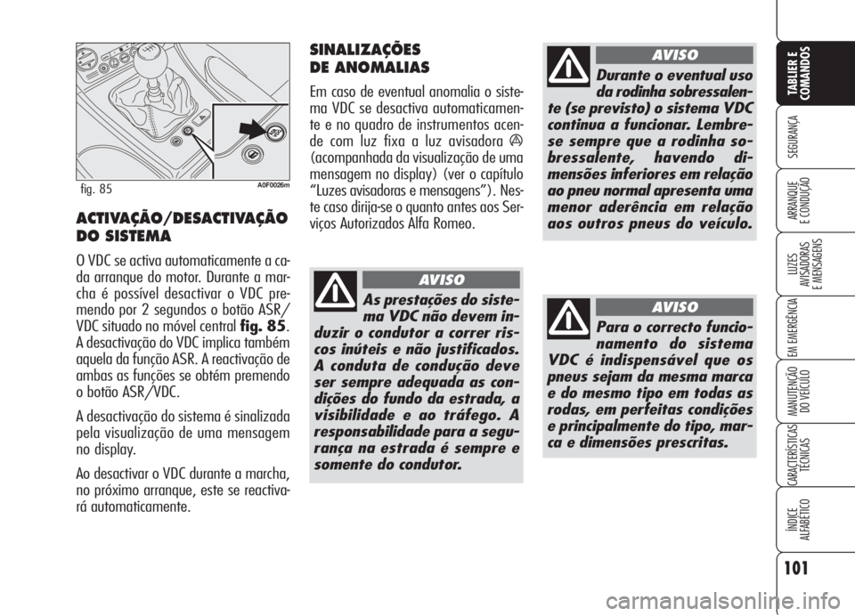 Alfa Romeo Brera/Spider 2008  Manual de Uso e Manutenção (in Portuguese) 101
SEGURANÇA
LUZES
AVISADORAS 
E MENSAGENS
EM EMERGÊNCIA
MANUTENÇÃO
DO VEÍCULO
CARACTERÍSTICAS
TÉCNICAS
ÍNDICE
ALFABÉTICO
TABLIER E
COMANDOS
ARRANQUE
E CONDUÇÃO
A0F0026mfig. 85
ACTIVAÇÃO