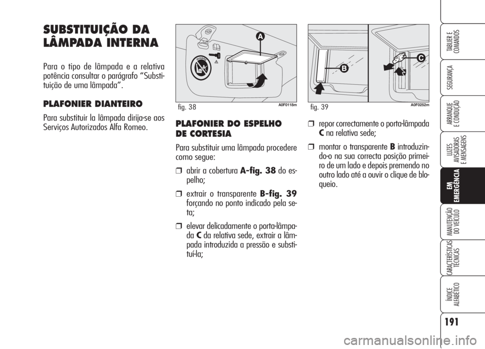 Alfa Romeo Brera/Spider 2008  Manual de Uso e Manutenção (in Portuguese) 191
SEGURANÇA
LUZES
AVISADORAS 
E MENSAGENS
EM
EMERGÊNCIA
MANUTENÇÃO
DO VEÍCULO
CARACTERÍSTICAS
TÉCNICAS
ÍNDICE
ALFABÉTICO
TABLIER E
COMANDOS
ARRANQUE
E CONDUÇÃO
SUBSTITUIÇÃO DA
LÂMPADA 