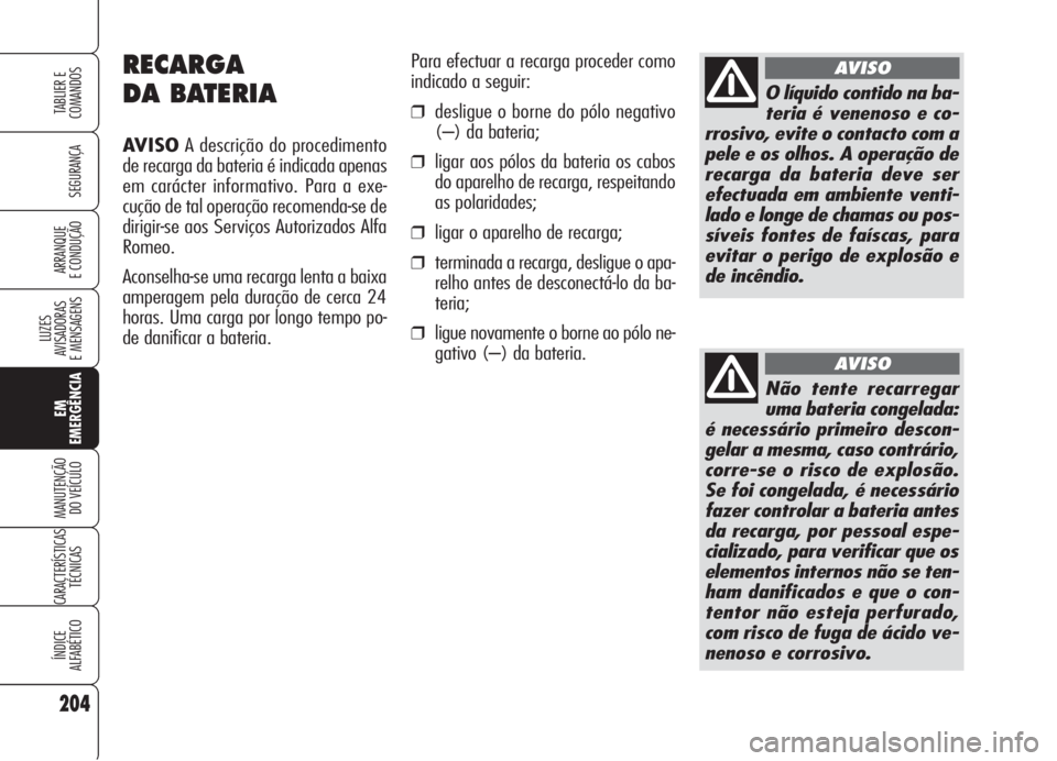 Alfa Romeo Brera/Spider 2008  Manual de Uso e Manutenção (in Portuguese) 204
SEGURANÇA
LUZES
AVISADORAS 
E MENSAGENS
EM
EMERGÊNCIA
MANUTENÇÃO
DO VEÍCULO
CARACTERÍSTICAS
TÉCNICAS
ÍNDICE
ALFABÉTICO
TABLIER E
COMANDOS
ARRANQUE
E CONDUÇÃO
RECARGA
DA BATERIA
AVISOA d