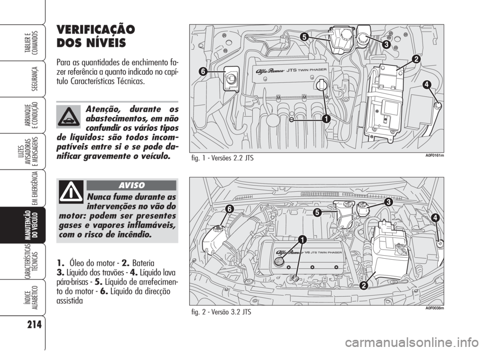 Alfa Romeo Brera/Spider 2008  Manual de Uso e Manutenção (in Portuguese) 214
SEGURANÇA
LUZES
AVISADORAS 
E MENSAGENS
EM EMERGÊNCIA
MANUTENÇÃO
DO VEÍCULO
CARACTERÍSTICAS
TÉCNICAS
ÍNDICE
ALFABÉTICO
TABLIER E
COMANDOS
ARRANQUE
E CONDUÇÃO
VERIFICAÇÃO
DOS NÍVEIS
P