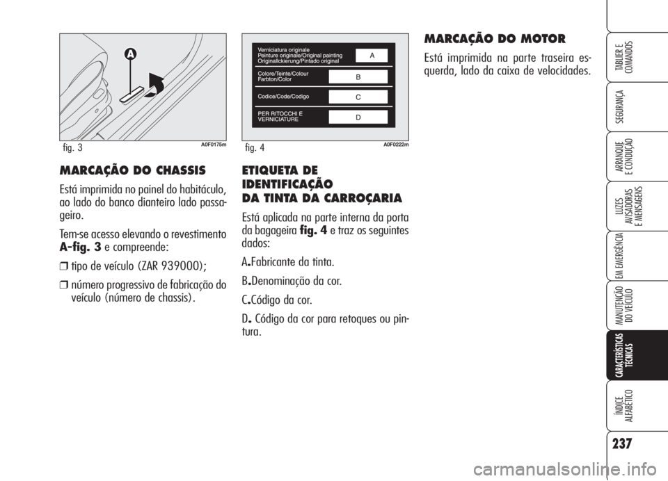 Alfa Romeo Brera/Spider 2008  Manual de Uso e Manutenção (in Portuguese) ETIQUETA DE
IDENTIFICAÇÃO
DA TINTA DA CARROÇARIA
Está aplicada na parte interna da porta
da bagageira fig. 4e traz os seguintes
dados:
A.Fabricante da tinta.
B.Denominação da cor.
C.Código da c
