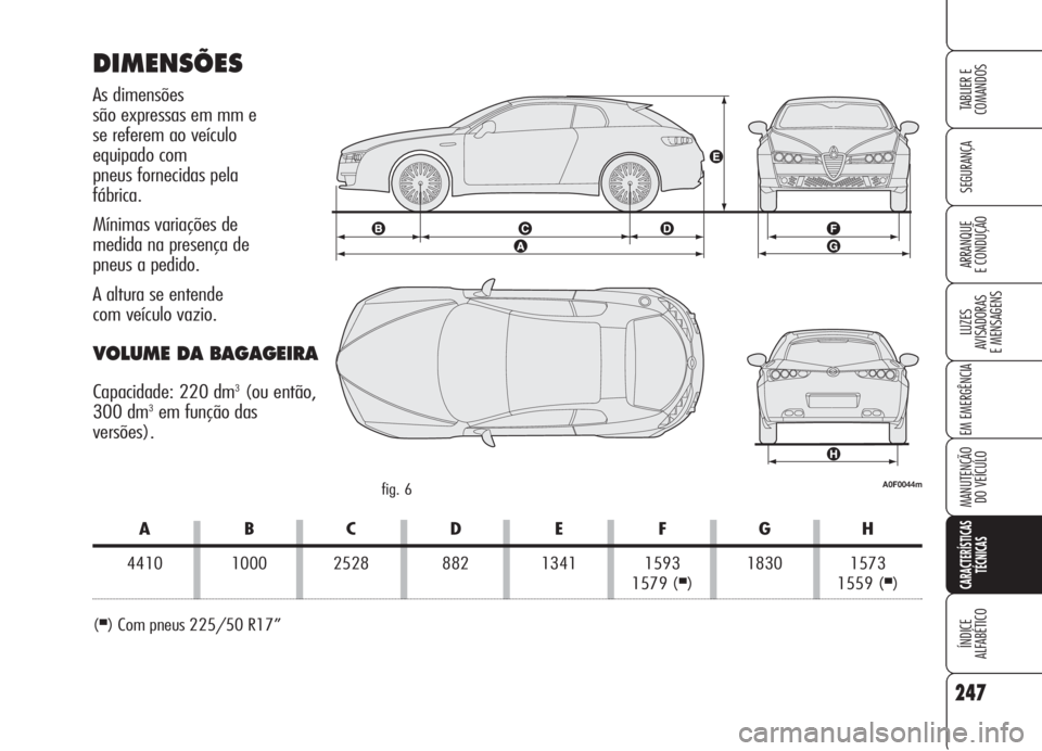 Alfa Romeo Brera/Spider 2008  Manual de Uso e Manutenção (in Portuguese) 247
SEGURANÇA
LUZES
AVISADORAS 
E MENSAGENS
EM EMERGÊNCIA
MANUTENÇÃO
DO VEÍCULO
CARACTERÍSTICAS
TÉCNICAS
ÍNDICE
ALFABÉTICO
TABLIER E  
COMANDOS
ARRANQUE
E CONDUÇÃO
DIMENSÕES
As dimensões 