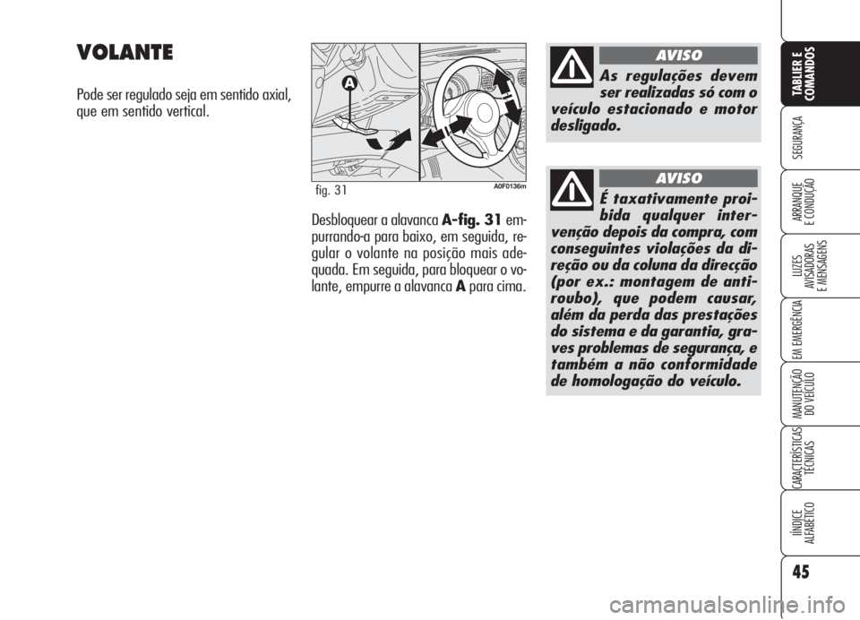 Alfa Romeo Brera/Spider 2008  Manual de Uso e Manutenção (in Portuguese) 45
SEGURANÇA
LUZES
AVISADORAS 
E MENSAGENS
EM EMERGÊNCIA
MANUTENÇÃO
DO VEÍCULO
CARACTERÍSTICAS
TÉCNICAS
IÍNDICE
ALFABÉTICO
TABLIER E
COMANDOS
ARRANQUE
E CONDUÇÃO
VOLANTE
Pode ser regulado s