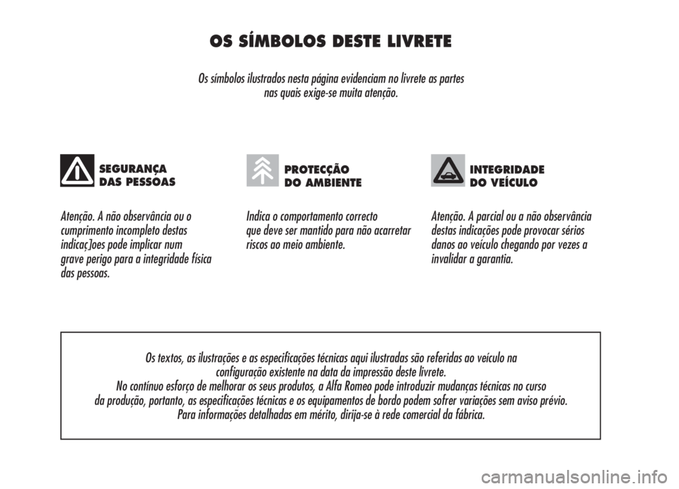 Alfa Romeo Brera/Spider 2008  Manual de Uso e Manutenção (in Portuguese) OS SÍMBOLOS DESTE LIVRETE
Os símbolos ilustrados nesta página evidenciam no livrete as partes 
nas quais exige-se muita atenção.
Atenção. A não observância ou o
cumprimento incompleto destas
