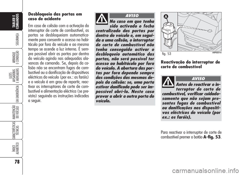 Alfa Romeo Brera/Spider 2008  Manual de Uso e Manutenção (in Portuguese) 78
SEGURANÇA
LUZES
AVISADORAS 
E MENSAGENS
EM EMERGÊNCIA
MANUTENÇÃO
DO VEÍCULO
CARACTERÍSTICAS
TÉCNICAS
ÍNDICE
ALFABÉTICO
TABLIER E
COMANDOS
ARRANQUE
E CONDUÇÃO
No caso em que tenha
sido ac