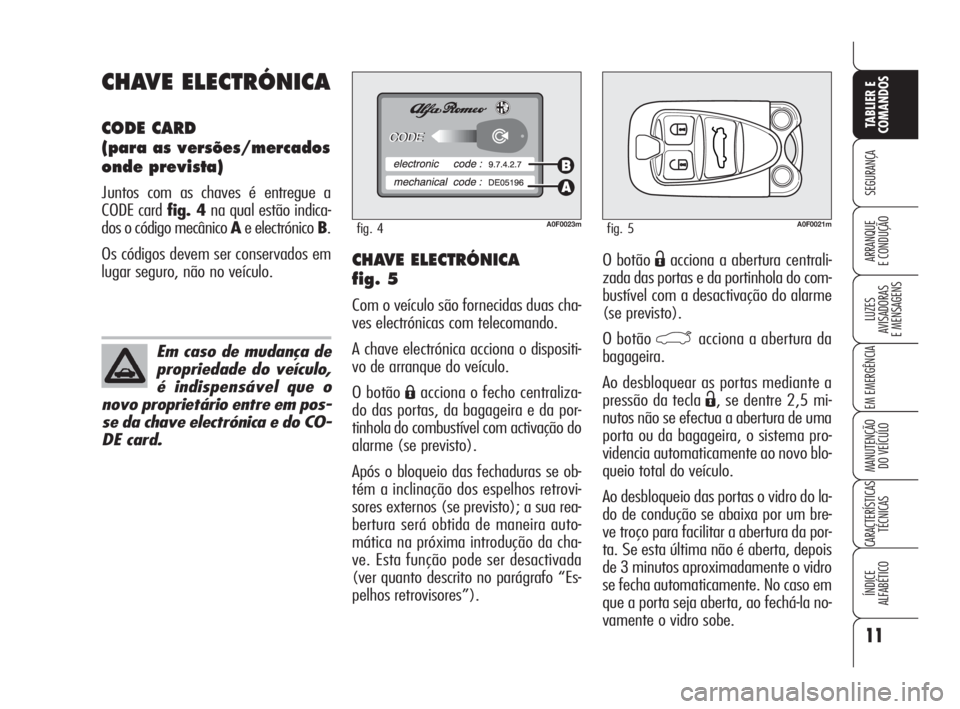 Alfa Romeo Brera/Spider 2009  Manual de Uso e Manutenção (in Portuguese) CHAVE ELECTRÓNICA 
fig. 5
Com o veículo são fornecidas duas cha-
ves electrónicas com telecomando. 
A chave electrónica acciona o dispositi-
vo de arranque do veículo.
O botão 
Áacciona o fech