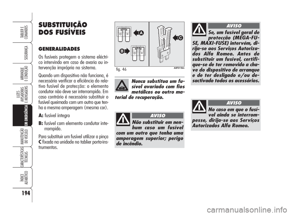 Alfa Romeo Brera/Spider 2009  Manual de Uso e Manutenção (in Portuguese) 194
SEGURANÇA
LUZES
AVISADORAS 
E MENSAGENS
EM EMERGÊNCIA
MANUTENÇÃO
DO VEÍCULO
CARACTERÍSTICAS
TÉCNICAS
ÍNDICE
ALFABÉTICO
TABLIER E
COMANDOS
ARRANQUE
E CONDUÇÃO
A0F0119mfig. 46
Nunca subst