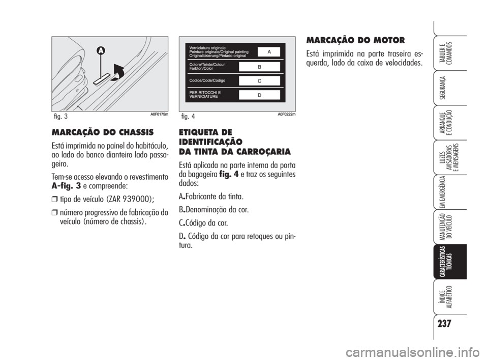 Alfa Romeo Brera/Spider 2009  Manual de Uso e Manutenção (in Portuguese) ETIQUETA DE
IDENTIFICAÇÃO
DA TINTA DA CARROÇARIA
Está aplicada na parte interna da porta
da bagageira fig. 4e traz os seguintes
dados:
A.Fabricante da tinta.
B.Denominação da cor.
C.Código da c