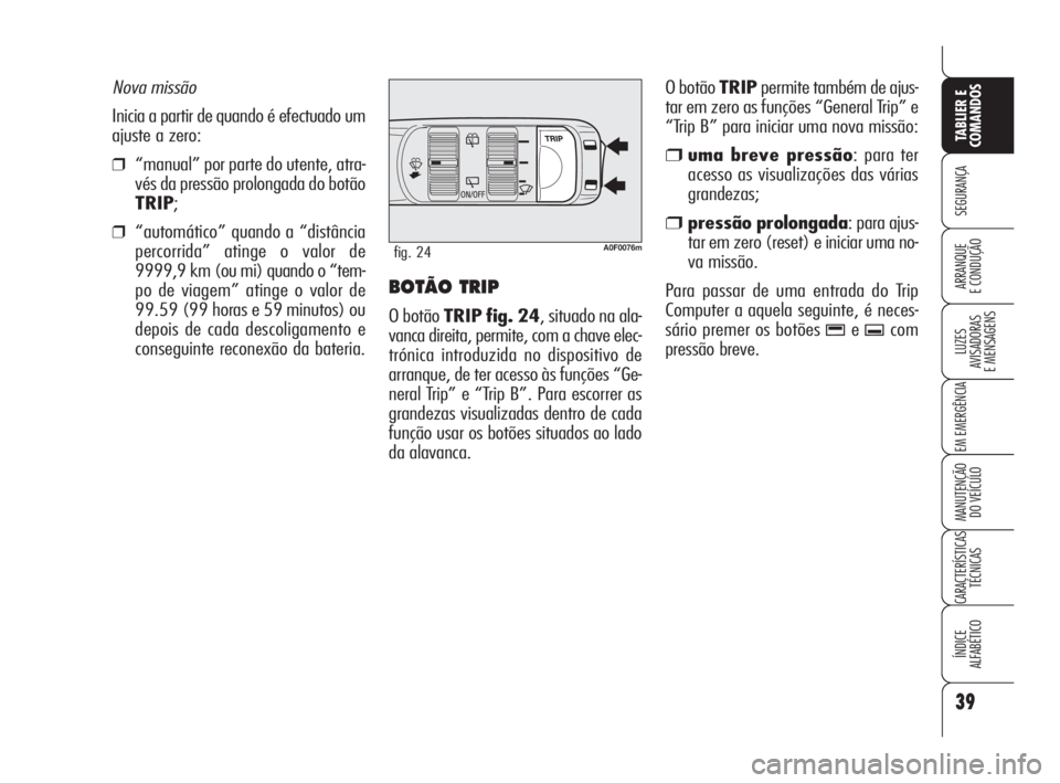 Alfa Romeo Brera/Spider 2010  Manual de Uso e Manutenção (in Portuguese) 39
SEGURANÇA
LUZES
AVISADORAS 
E MENSAGENS
EM EMERGÊNCIA
MANUTENÇÃO
DO VEÍCULO
CARACTERÍSTICAS
TÉCNICAS
ÍNDICE
ALFABÉTICO
TABLIER E
COMANDOS
ARRANQUE
E CONDUÇÃOBOTÃO TRIP 
O botão TRIP fi