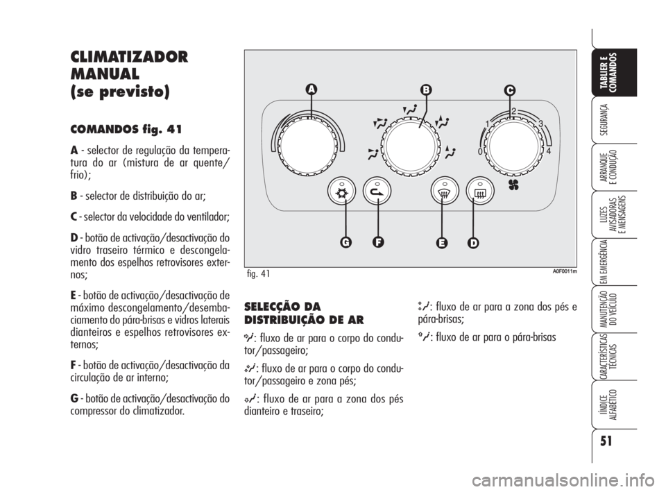 Alfa Romeo Brera/Spider 2009  Manual de Uso e Manutenção (in Portuguese) 51
SEGURANÇA
LUZES
AVISADORAS 
E MENSAGENS
EM EMERGÊNCIA
MANUTENÇÃO
DO VEÍCULO
CARACTERÍSTICAS
TÉCNICAS
IÍNDICE
ALFABÉTICO
TABLIER E
COMANDOS
ARRANQUE
E CONDUÇÃO
SELECÇÃO DA
DISTRIBUIÇÃ