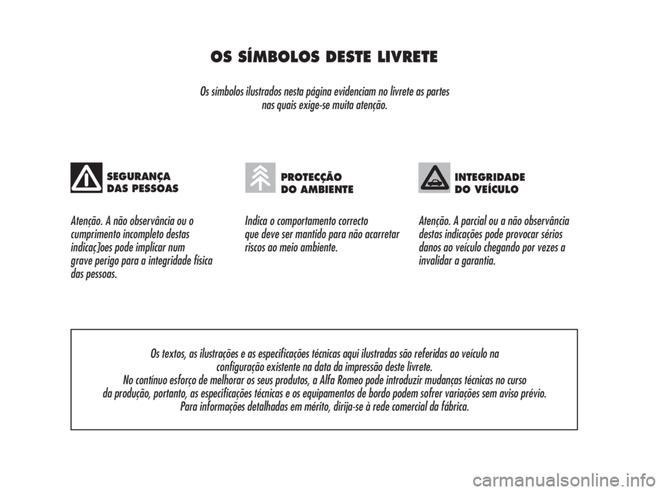 Alfa Romeo Brera/Spider 2009  Manual de Uso e Manutenção (in Portuguese) OS SÍMBOLOS DESTE LIVRETE
Os símbolos ilustrados nesta página evidenciam no livrete as partes 
nas quais exige-se muita atenção.
Atenção. A não observância ou o
cumprimento incompleto destas
