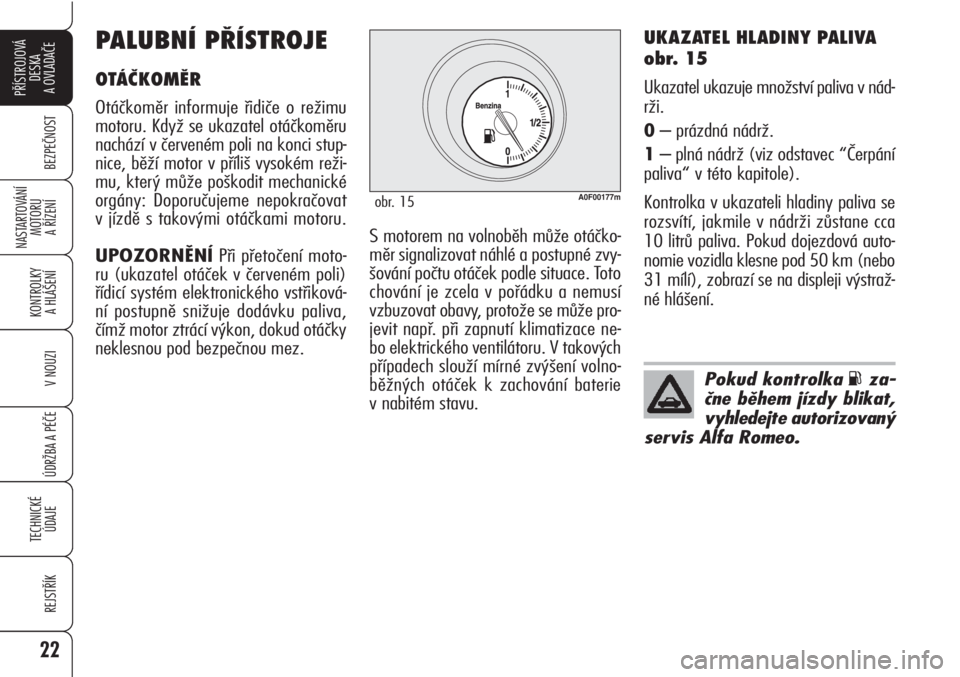 Alfa Romeo Brera/Spider 2010  Návod k použití a údržbě (in Czech) 22
BEZPEČNOST
KONTROLKY 
A HLÁŠENÍ 
V NOUZI
ÚDRŽBA A PÉČE 
TECHNICKÉ
ÚDAJE
REJSTŘÍK
PŘÍSTROJOVÁ
DESKA 
A OVLADAČE
NASTARTOVÁNÍ
MOTORU 
A ŘÍZENÍ
UKAZATEL HLADINY PALIVA
obr. 15
Uka