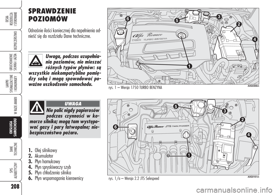 Alfa Romeo Brera/Spider 2009  Instrukcja obsługi (in Polish) 208
BEZPIECZEŃSTWO
LAMPKI 
SYGNALIZACYJNE 
I KOMUNIKATY
W RAZIE AWARII
OBSŁUGA 
SAMOCHODU
DANE 
TECHNICZNE
SPIS 
ALFABETYCZNY
DESKA 
ROZDZIELCZA
I STEROWANIE
URUCHOMIENIE 
SILNIKA I JAZDA
SPRAWDZENI