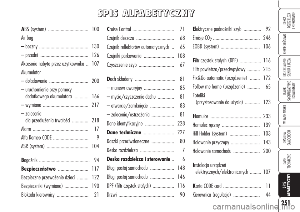 Alfa Romeo Brera/Spider 2009 Instrukcja obsługi (in Polish) 251
BEZPIECZEŃSTWO
LAMPKI
SYGNALIZACYJNE
I KOMUNIKATY
W RAZIE AWARII
OBSŁUGA
SAMOCHODU
DANE
TECHNICZNE
SPIS
ALFABETYCZNY
DESKA
ROZDZIELCZA
I STEROWANIE
URUCHOMIENIE
SILNIKA I JAZDA
Cruise Cont Alfa Romeo Brera/Spider 2009 Instrukcja obsługi (in Polish) 251
BEZPIECZEŃSTWO
LAMPKI
SYGNALIZACYJNE
I KOMUNIKATY
W RAZIE AWARII
OBSŁUGA
SAMOCHODU
DANE
TECHNICZNE
SPIS
ALFABETYCZNY
DESKA
ROZDZIELCZA
I STEROWANIE
URUCHOMIENIE
SILNIKA I JAZDA
Cruise Cont