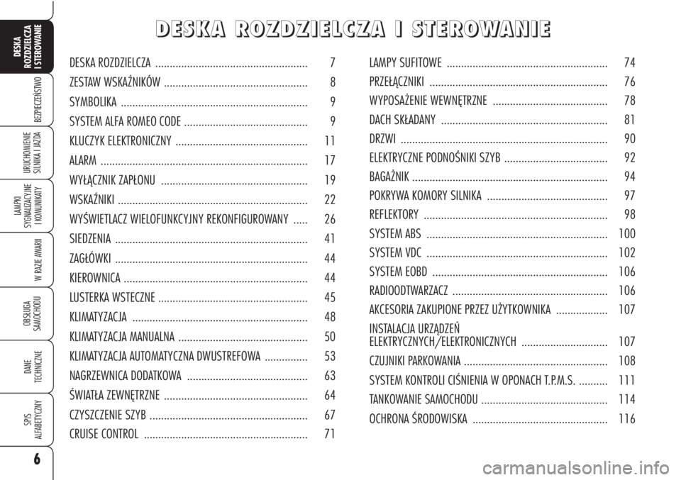 Alfa Romeo Brera/Spider 2010  Instrukcja obsługi (in Polish) 6
BEZPIECZEŃSTWO
LAMPKI 
SYGNALIZACYJNE 
I KOMUNIKATY
W RAZIE AWARII
OBSŁUGA 
SAMOCHODU 
DANE 
TECHNICZNE
SPIS 
ALFABETYCZNY
DESKA 
ROZDZIELCZA
I STEROWANIE
URUCHOMIENIE 
SILNIKA I JAZDA
D D
E E
S S