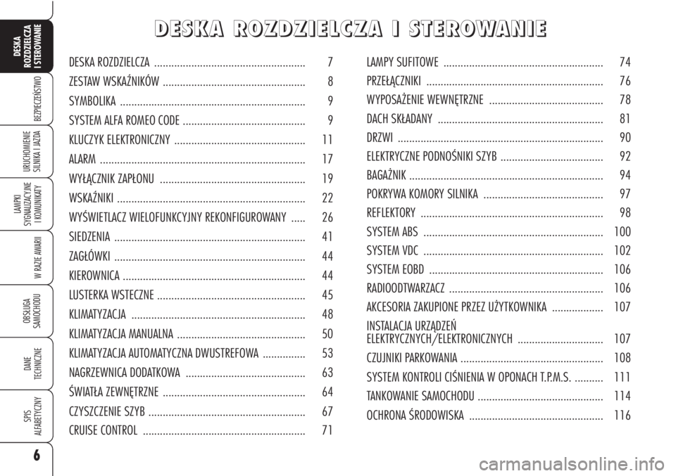 Alfa Romeo Brera/Spider 2009  Instrukcja obsługi (in Polish) 6
BEZPIECZEŃSTWO
LAMPKI 
SYGNALIZACYJNE 
I KOMUNIKATY
W RAZIE AWARII
OBSŁUGA 
SAMOCHODU 
DANE 
TECHNICZNE
SPIS 
ALFABETYCZNY
DESKA 
ROZDZIELCZA
I STEROWANIE
URUCHOMIENIE 
SILNIKA I JAZDA
D D
E E
S S