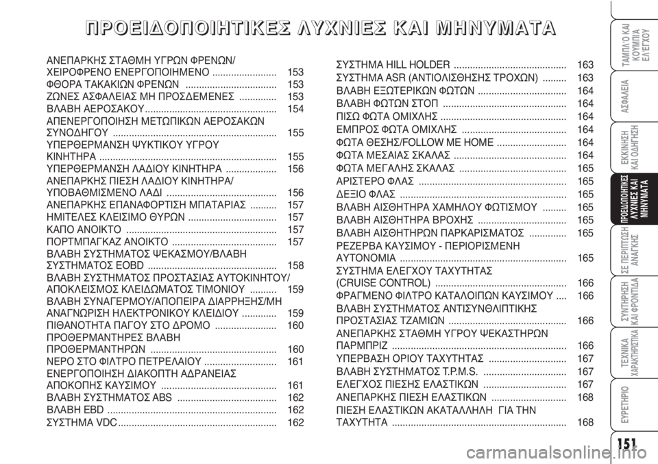 Alfa Romeo Brera/Spider 2009  ΒΙΒΛΙΟ ΧΡΗΣΗΣ ΚΑΙ ΣΥΝΤΗΡΗΣΗΣ (in Greek) 151
ΑΣΦΑΛΕΙΑ
ΠΡΟΕΙΔΟΠΟΙΗΤΙΚΕΣΛΥΧΝΙΕΣ ΚΑΙ
ΜΗΝΥΜΑΤΑ
ΣΕ ΠΕΡΙΠΤΩΣΗ
ΑΝΑΓΚΗΣ
ΣΥΝΤΗΡΗΣΗ
ΚΑΙ ΦΡΟΝΤΙΔΑ
ΤΕΧΝΙΚΑΧΑΡΑΚΤ