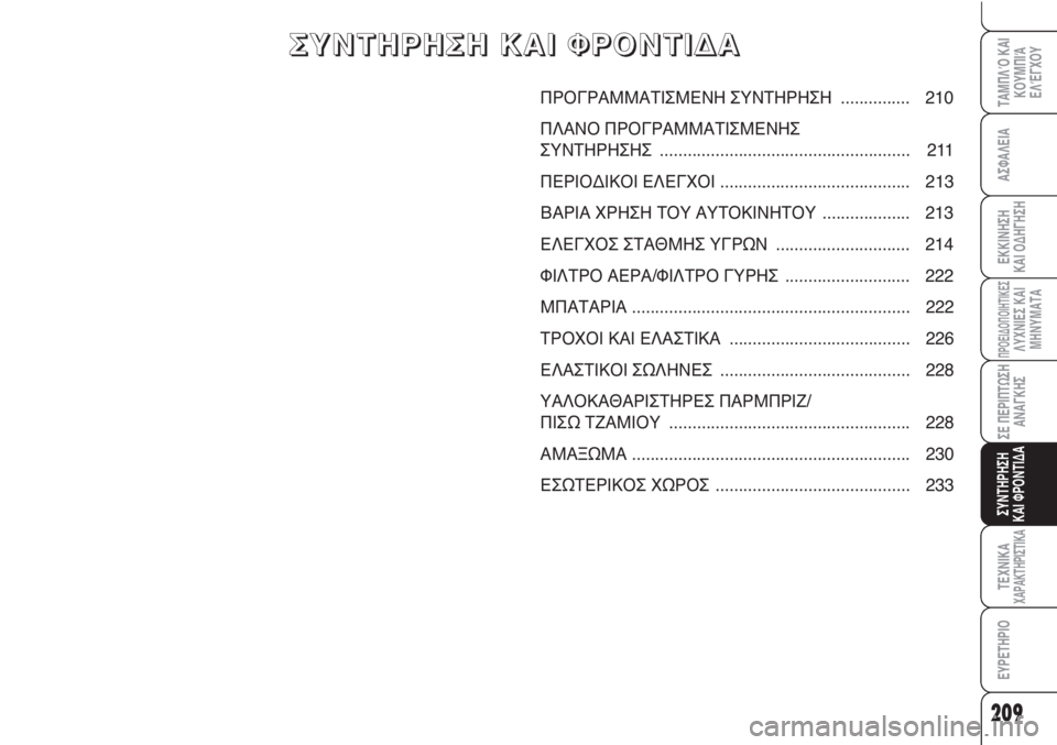 Alfa Romeo Brera/Spider 2009  ΒΙΒΛΙΟ ΧΡΗΣΗΣ ΚΑΙ ΣΥΝΤΗΡΗΣΗΣ (in Greek) 209
ΑΣΦΑΛΕΙΑ
ΠΡΟΕΙΔΟΠΟΙΗΤΙΚΕΣΛΥΧΝΙΕΣ ΚΑΙ
ΜΗΝΥΜΑΤΑ
ΣΕ ΠΕΡΙΠΤΩΣΗ
ΑΝΑΓΚΗΣ
ΣΥΝΤΗΡΗΣΗ
ΚΑΙ ΦΡΟΝΤΙΔΑ
ΤΕΧΝΙΚΑΧΑΡΑΚΤ
