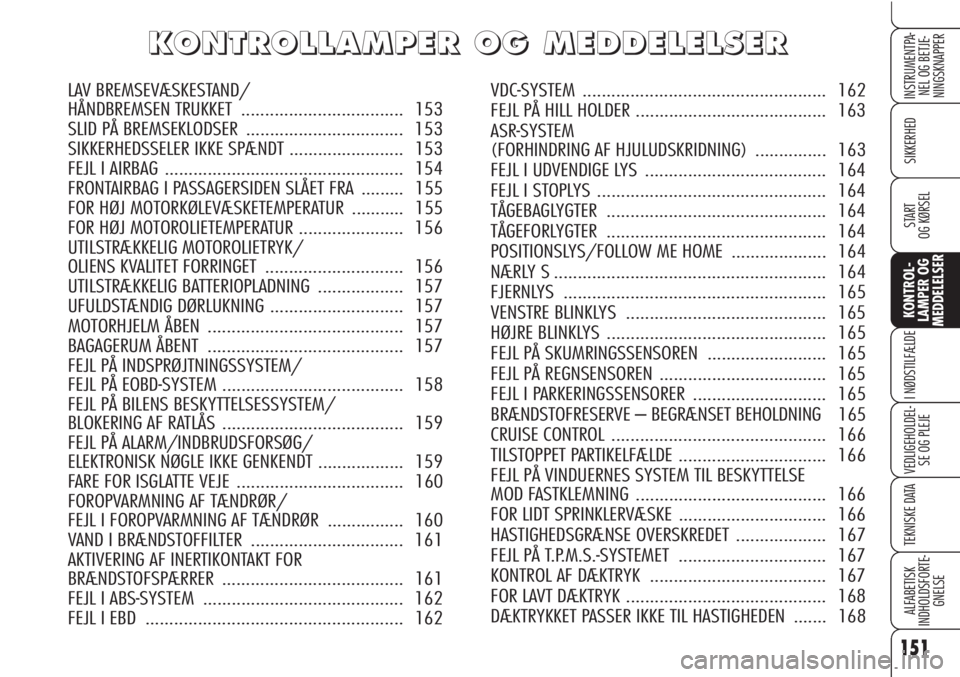 Alfa Romeo Brera/Spider 2009  Brugs- og vedligeholdelsesvejledning (in Danish) 151
SIKKERHED
KONTROL-
LAMPER OG
MEDDELELSER
I NØDSTILFÆLDE
VEDLIGEHOLDEL-
SE OG PLEJE
TEKNISKE DATA
ALFABETISK
INDHOLDSFORTE-
GNELSE
INSTRUMENTPA-
NEL OG BETJE-
NINGSKNAPPER
START 
OG KØRSEL
K K
O
