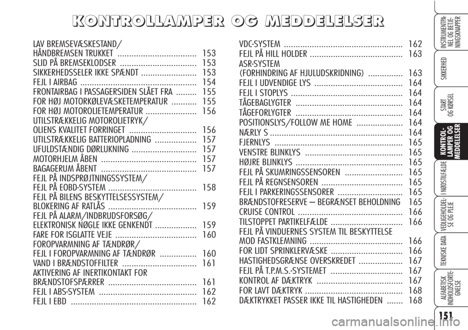 Alfa Romeo Brera/Spider 2010 Brugs- og vedligeholdelsesvejledning (in Danish) 151
SIKKERHED
KONTROL-
LAMPER OG
MEDDELELSER
I NØDSTILFÆLDE
VEDLIGEHOLDEL-
SE OG PLEJE
TEKNISKE DATA
ALFABETISK
INDHOLDSFORTE-
GNELSE
INSTRUMENTPA-
NEL OG BETJE-
NINGSKNAPPER
START
OG KØRSEL
K K
O Alfa Romeo Brera/Spider 2010 Brugs- og vedligeholdelsesvejledning (in Danish) 151
SIKKERHED
KONTROL-
LAMPER OG
MEDDELELSER
I NØDSTILFÆLDE
VEDLIGEHOLDEL-
SE OG PLEJE
TEKNISKE DATA
ALFABETISK
INDHOLDSFORTE-
GNELSE
INSTRUMENTPA-
NEL OG BETJE-
NINGSKNAPPER
START
OG KØRSEL
K K
O