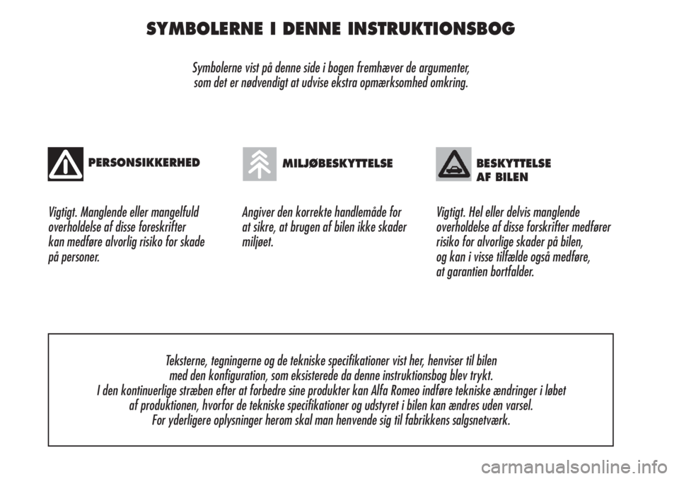 Alfa Romeo Brera/Spider 2010  Brugs- og vedligeholdelsesvejledning (in Danish) SYMBOLERNE I DENNE INSTRUKTIONSBOG
Symbolerne vist på denne side i bogen fremhæver de argumenter, 
som det er nødvendigt at udvise ekstra opmærksomhed omkring.
Vigtigt. Manglende eller mangelfuld
