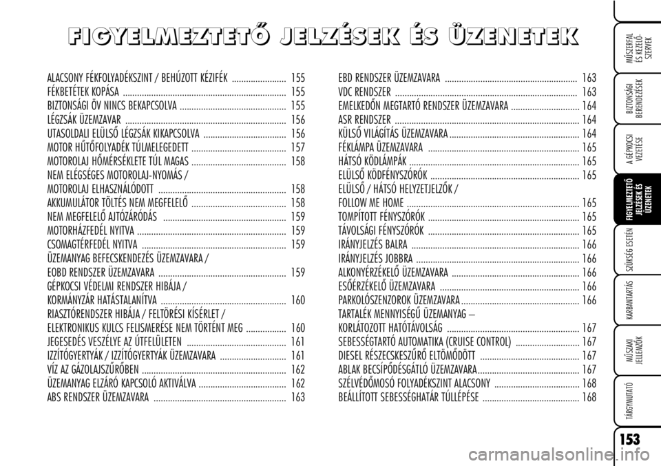 Alfa Romeo Brera/Spider 2007  Kezelési és karbantartási útmutató (in Hungarian) 153
MÛSZERFAL
ÉS KEZELÕ-
SZERVEK
A GÉPKOCSI
VEZETÉSE
FIGYELMEZTETÕ
JELZÉSEK ÉS
ÜZENETEK
SZÜKSÉG ESETÉN
KARBANTARTÁS
MÛSZAKI
JELLEMZÕK
TÁRGYMUTATÓ
BIZTONSÁGI
BERENDEZÉSEK
ALACSONY F�