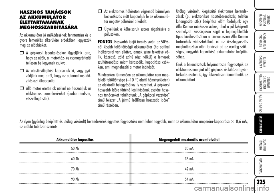 Alfa Romeo Brera/Spider 2007  Kezelési és karbantartási útmutató (in Hungarian) 225
MÛSZERFAL
ÉS KEZELÕ-
SZERVEK
A GÉPKOCSI
VEZETÉSE
FIGYELMEZTETÕ
JELZÉSEK ÉS
ÜZENETEK
SZÜKSÉG ESETÉN
KARBANTARTÁS
MÛSZAKI
JELLEMZÕK
TÁRGYMUTATÓ
BIZTONSÁGI
BERENDEZÉSEK
HASZNOS TAN