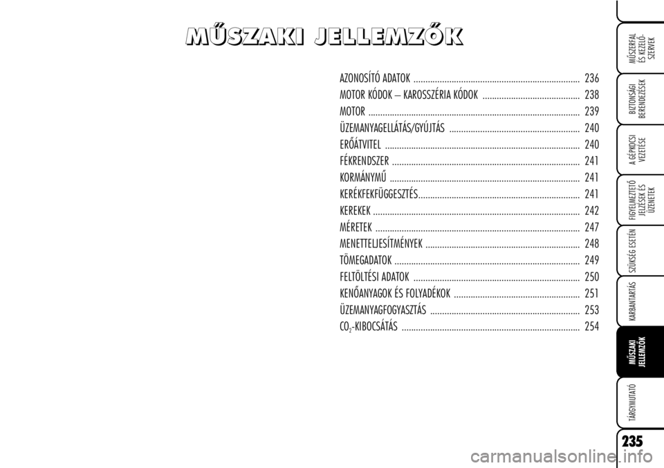 Alfa Romeo Brera/Spider 2008 Kezelési és karbantartási útmutató (in Hungarian) 235
MÛSZERFAL
ÉS KEZELÕ-
SZERVEK
A GÉPKOCSI
VEZETÉSE
FIGYELMEZTETÕ
JELZÉSEK ÉS
ÜZENETEK
SZÜKSÉG ESETÉN
KARBANTARTÁS
MÛSZAKI
JELLEMZÕK
TÁRGYMUTATÓ
BIZTONSÁGI
BERENDEZÉSEK
AZONOSÍTÓ Alfa Romeo Brera/Spider 2008 Kezelési és karbantartási útmutató (in Hungarian) 235
MÛSZERFAL
ÉS KEZELÕ-
SZERVEK
A GÉPKOCSI
VEZETÉSE
FIGYELMEZTETÕ
JELZÉSEK ÉS
ÜZENETEK
SZÜKSÉG ESETÉN
KARBANTARTÁS
MÛSZAKI
JELLEMZÕK
TÁRGYMUTATÓ
BIZTONSÁGI
BERENDEZÉSEK
AZONOSÍTÓ