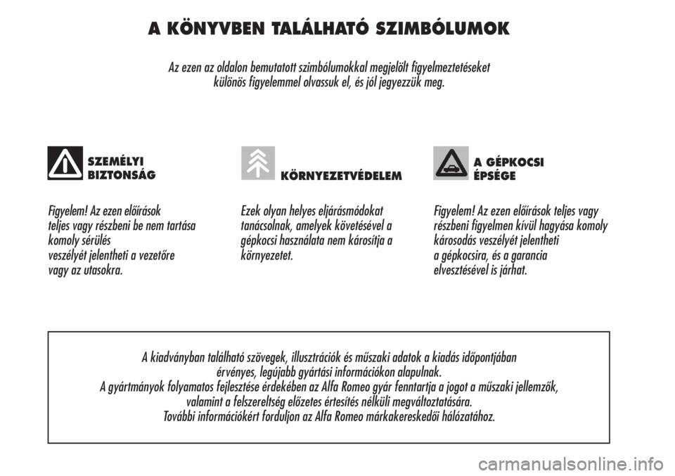 Alfa Romeo Brera/Spider 2010  Kezelési és karbantartási útmutató (in Hungarian) A KÖNYVBEN TALÁLHATÓ SZIMBÓLUMOK
Az ezen az oldalon bemutatott szimbólumokkal megjelölt figyelmeztetéseket 
különös figyelemmel olvassuk el, és jól jegyezzük meg.
Figyelem! Az ezen előí