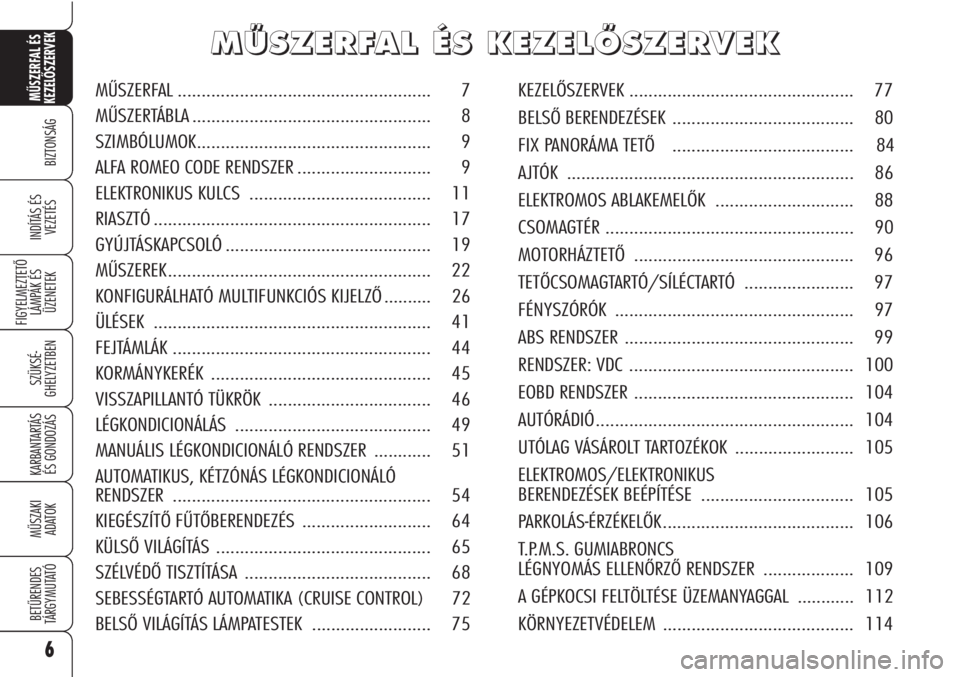 Alfa Romeo Brera/Spider 2010 Kezelési és karbantartási útmutató (in Hungarian) 6
BIZTONSÁG
FIGYELMEZTETŐ
LÁMPÁK ÉS
ÜZENETEK
SZÜKSÉ-
GHELYZETBEN
KARBANTARTÁS
ÉS GONDOZÁS
MŰSZAKI
ADATOK
BETŰRENDES
TÁRGYMUTATÓ
MŰSZERFAL ÉS
KEZELŐSZERVEK
INDÍTÁS ÉS
VEZETÉS
M Alfa Romeo Brera/Spider 2010 Kezelési és karbantartási útmutató (in Hungarian) 6
BIZTONSÁG
FIGYELMEZTETŐ
LÁMPÁK ÉS
ÜZENETEK
SZÜKSÉ-
GHELYZETBEN
KARBANTARTÁS
ÉS GONDOZÁS
MŰSZAKI
ADATOK
BETŰRENDES
TÁRGYMUTATÓ
MŰSZERFAL ÉS
KEZELŐSZERVEK
INDÍTÁS ÉS
VEZETÉS
M