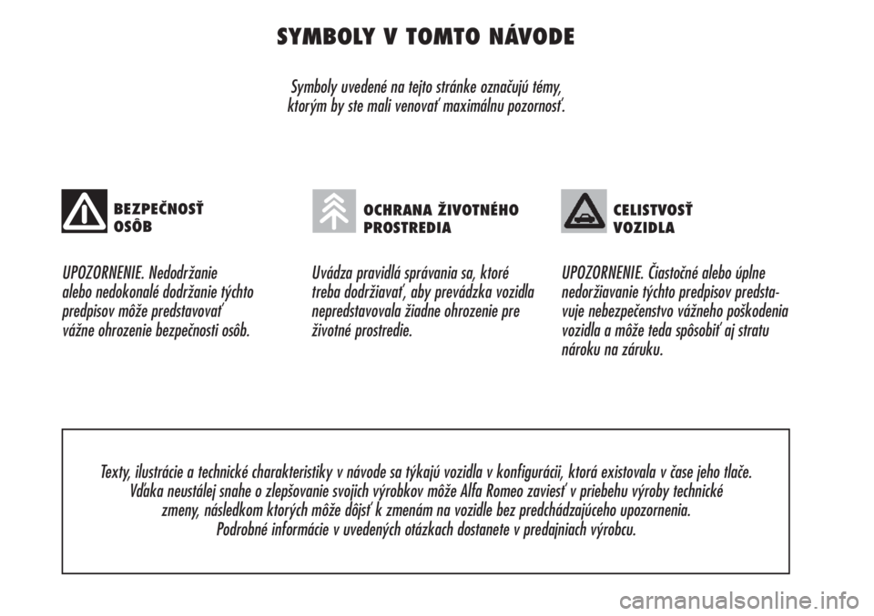 Alfa Romeo Brera/Spider 2009  Návod na použitie a údržbu (in Slovak) SYMBOLY V TOMTO NÁVODE
Symboly uvedené na tejto stránke označujú témy, 
ktorým by ste mali venovať maximálnu pozornosť.
UPOZORNENIE. Nedodržanie 
alebo nedokonalé dodržanie týchto 
predp