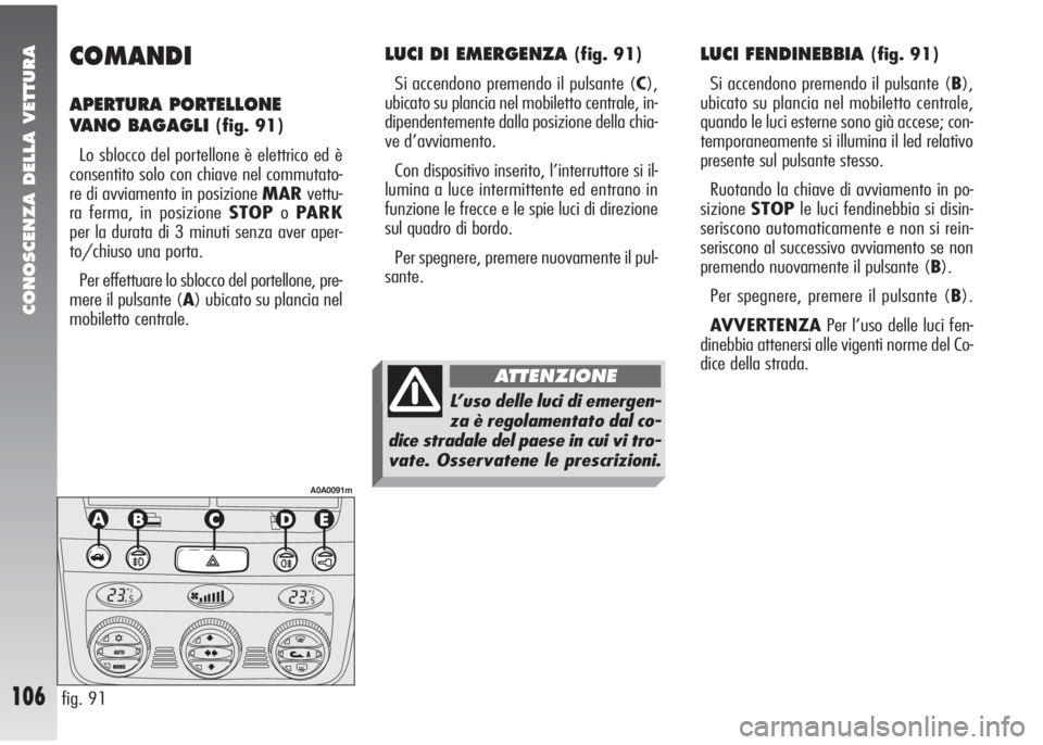 Alfa Romeo 147 2006 Libretto Uso Manutenzione (in Italian) CONOSCENZA DELLA VETTURA
106
COMANDI
APERTURA PORTELLONE
VANO BAGAGLI
(fig. 91)
Lo sblocco del portellone è elettrico ed è
consentito solo con chiave nel commutato-
re di avviamento in posizione M Alfa Romeo 147 2006 Libretto Uso Manutenzione (in Italian) CONOSCENZA DELLA VETTURA
106
COMANDI
APERTURA PORTELLONE
VANO BAGAGLI
(fig. 91)
Lo sblocco del portellone è elettrico ed è
consentito solo con chiave nel commutato-
re di avviamento in posizione M