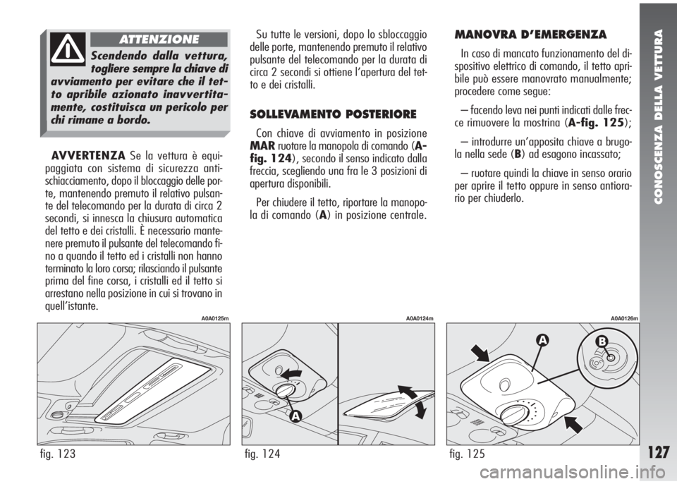 Alfa Romeo 147 2005  Libretto Uso Manutenzione (in Italian) CONOSCENZA DELLA VETTURA
127fig. 123
A0A0125m
AVVERTENZASe la vettura è equi-
paggiata con sistema di sicurezza anti-
schiacciamento, dopo il bloccaggio delle por-
te, mantenendo premuto il relativo 