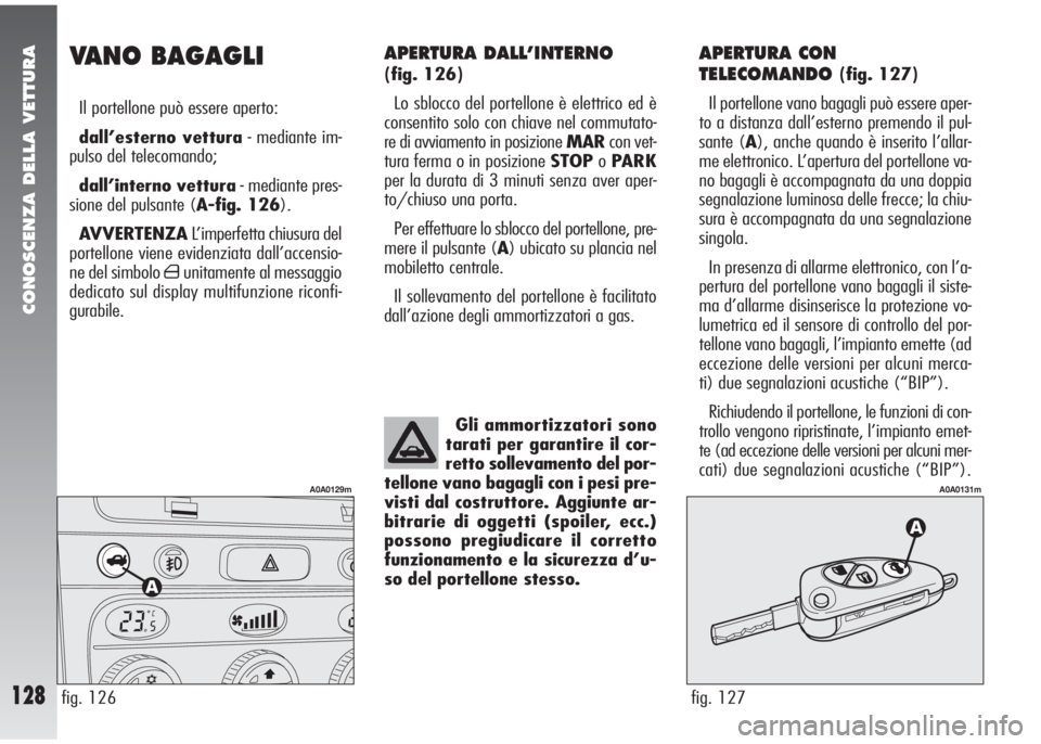 Alfa Romeo 147 2005  Libretto Uso Manutenzione (in Italian) CONOSCENZA DELLA VETTURA
128
APERTURA DALL’INTERNO 
(fig. 126)
Lo sblocco del portellone è elettrico ed è
consentito solo con chiave nel commutato-
re di avviamento in posizione MARcon vet-
tura f