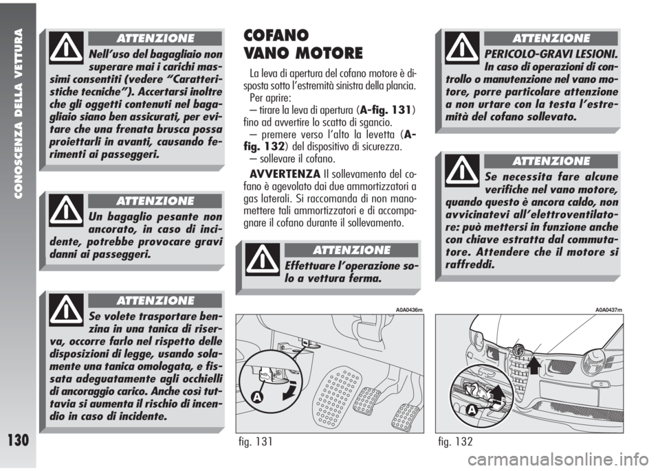 Alfa Romeo 147 2006 Libretto Uso Manutenzione (in Italian) CONOSCENZA DELLA VETTURA
130fig. 132
A0A0437m
COFANO
VANO MOTORE
La leva di apertura del cofano motore è di-
sposta sotto l’estremità sinistra della plancia.
Per aprire:
– tirare la leva di ape Alfa Romeo 147 2006 Libretto Uso Manutenzione (in Italian) CONOSCENZA DELLA VETTURA
130fig. 132
A0A0437m
COFANO
VANO MOTORE
La leva di apertura del cofano motore è di-
sposta sotto l’estremità sinistra della plancia.
Per aprire:
– tirare la leva di ape
