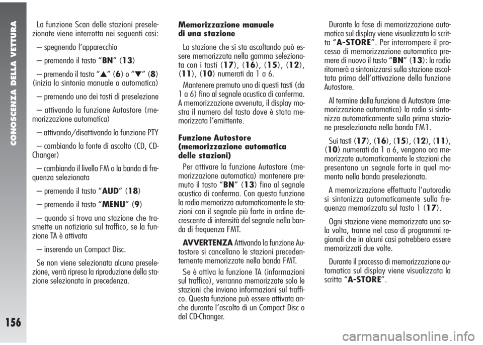 Alfa Romeo 147 2006  Libretto Uso Manutenzione (in Italian) CONOSCENZA DELLA VETTURA
156
La funzione Scan delle stazioni presele-
zionate viene interrotta nei seguenti casi:
– spegnendo l’apparecchio 
– premendo il tasto “BN” (13)
– premendo il tas