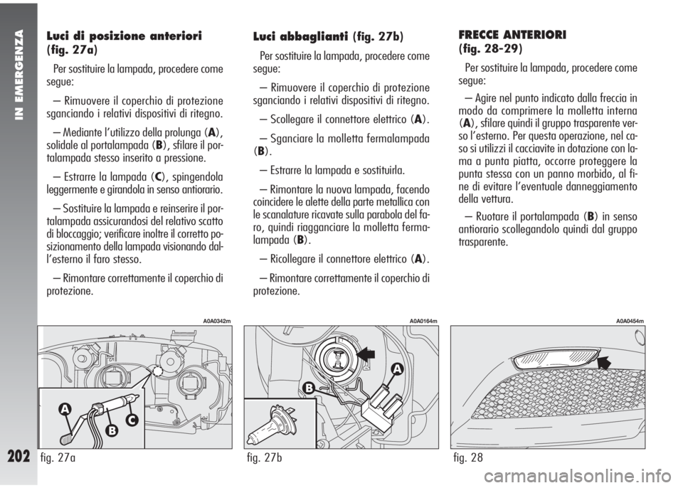 Alfa Romeo 147 2006 Libretto Uso Manutenzione (in Italian) IN EMERGENZA
202
FRECCE ANTERIORI
(fig. 28-29)
Per sostituire la lampada, procedere come
segue:
– Agire nel punto indicato dalla freccia in
modo da comprimere la molletta interna
(A), sfilare quind Alfa Romeo 147 2006 Libretto Uso Manutenzione (in Italian) IN EMERGENZA
202
FRECCE ANTERIORI
(fig. 28-29)
Per sostituire la lampada, procedere come
segue:
– Agire nel punto indicato dalla freccia in
modo da comprimere la molletta interna
(A), sfilare quind
